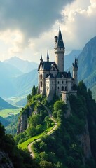 Majestic Castle on Verdant Hilltop Panoramic Valley and Mountain View Under Dramatic Sky