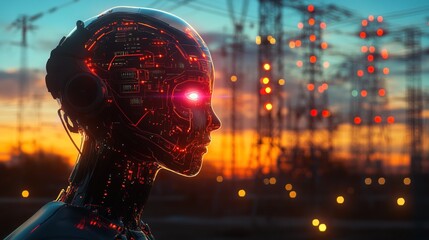 Futuristic Detailed Cyborg Silhouette with Glowing Eyes at Sunset Illustration