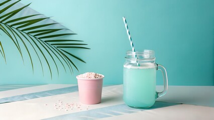 Refreshing turquoise blue drink in a mason jar with a striped straw sits next to a pink cup filled with sprinkles and a palm leaf