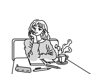 カフェのテーブル席で頬杖をついている若い女性