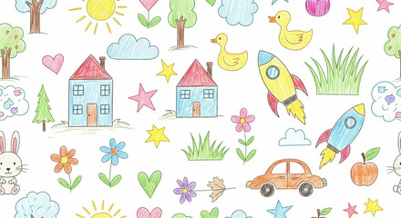 Obraz premium Child's Crayon Drawing Seamless Pattern: Playful Elements, Houses, Animals & Vehicles for Kids Design.