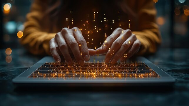 Close-up of hands typing on a laptop, with glowing binary code