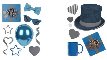 Assorted blue and gray celebratory items on a white background.