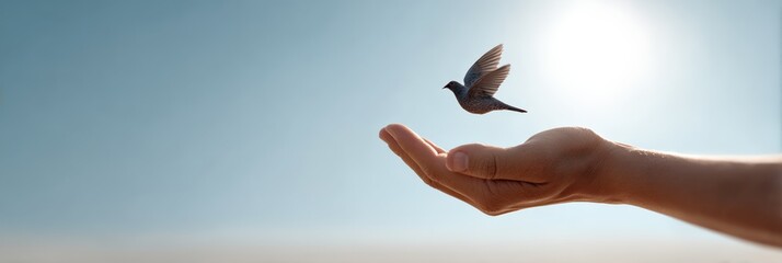Open hand releasing a dove bird into a clear blue sky, symbolizing hope, freedom, peace, and new beginnings, with the sun shining brightly in the background