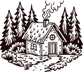 Obraz premium Rustic cabin with smoking chimney in pine forest, hand drawn illustration with trees and natural landscape