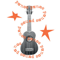 Vintage retro music halftone guitar. Karaoke collage with equipment, stars. Nostalgic grunge disco element for sing poster, podcast, party. Trendy isolated dotted vector illustration.