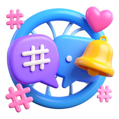 Social Media Engagement: A 3D render composition of heart and bell and speech bubble and hashtag as a symbol of digital interaction, community building.