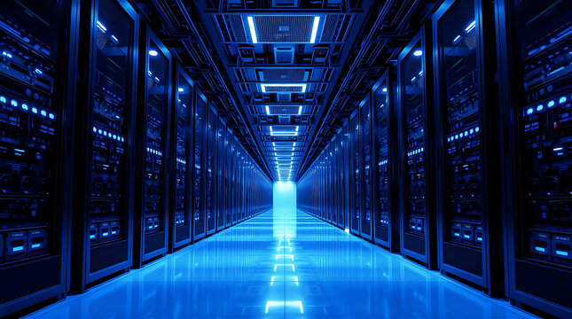 Modern data center with illuminated server racks in a secure server room with blue LED lighting
