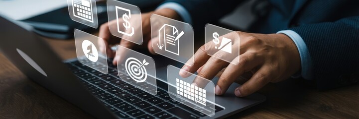 Person working on a laptop with digital icons overlay.