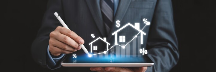 Businessperson analyzing housing market trends on a tablet.