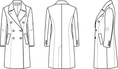 Classic Double-Breasted Trench Coat Fashion Flat Sketch: Elegant Womenswear Outerwear Design, Sophisticated Long Jacket Apparel, Timeless Professional Technical Drawing, Chic Formal Business Wear.