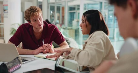 Internship, meeting and laptop with business people in office for digital agency, feedback and branding. Online campaign, research and learning opportunity with employees in startup for teamwork - Powered by Adobe