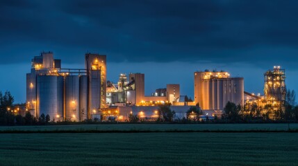 Fototapeta premium Cement factory at dusk with grain silos and illuminated equipment, an industrial landscape with a grassy field in the background.