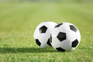 Obraz premium Soccer balls on green stadium grass, closeup