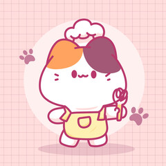 Naklejka premium Cat Chef Holding Spoon cartoon vector illustration