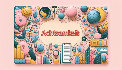 Rosa-pastellfarbenes Banner mit verschiedenen Motiven und dem Text "Achtsamkeit" als Konzept