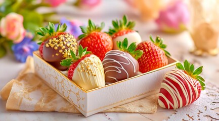 delicious chocolate covered strawberries in a beautiful gift box on a festive background