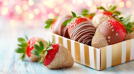 delicious chocolate covered strawberries in a beautiful gift box on a festive background