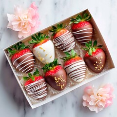 delicious chocolate covered strawberries in a beautiful box top view
