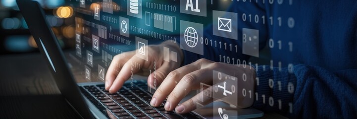 Hands typing on a laptop with digital interface overlays.