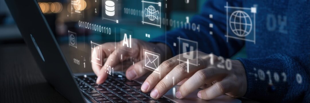 Close-up view of hands typing on a laptop with digital interface overlays.