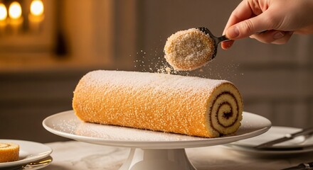 Jelly Roll Coated With Sugar in Process of Elegant Dessert Presentation for Festive Occasion