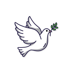 A white dove in flight, carrying a green olive branch in its beak, a universal symbol of peace, hope, and new beginnings.