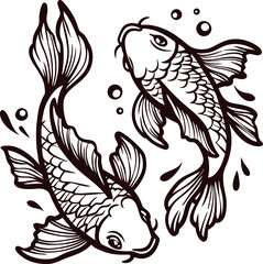 Obraz premium Hand drawn koi fish illustration in black and white with detailed line art and decorative aquatic elements
