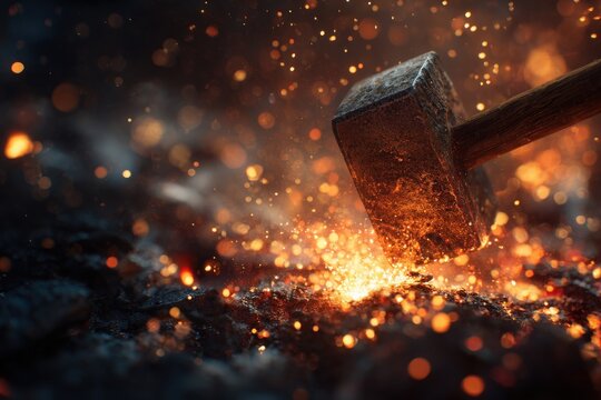 A massive hammer striking molten metal in a volcano heart, sparks flying into lava, mythical blacksmith at work - Powered by Adobe