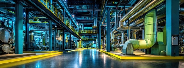 Fototapeta premium In the interior of an industrial plant, there are pipes and instruments, a light blue steel structure, light gold and silver accents.