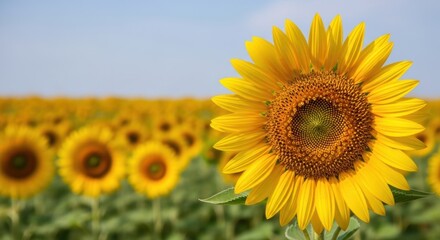 Fototapeta premium Close-up photo of sunflower fields and blue sky,ひまわり畑と青空のクローズアップ写真