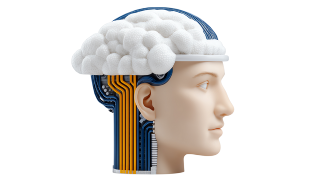 A conceptual illustration of a human head with a brain and circuit design, symbolizing artificial intelligence and innovation.