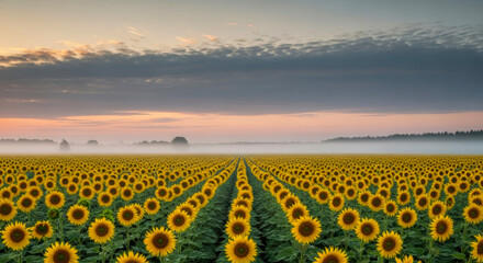 Obraz premium A summer sunflower field with beautiful golden sunflowers and morning mist,黄金のひまわりと朝霧が美しい夏のひまわり畑