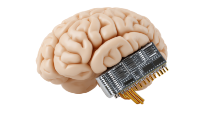 A human brain with a microchip, representing the fusion of technology and neuroscience against a white isolate background.