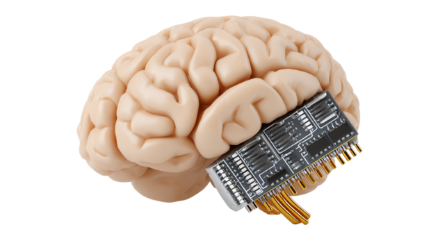 A human brain with a microchip, representing the fusion of technology and neuroscience against a white isolate background.