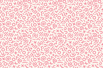 Retro 80s seamless pattern with abstract shapes. Memphis style doodle background with geometric lines and squiggles. Vector wallpaper.