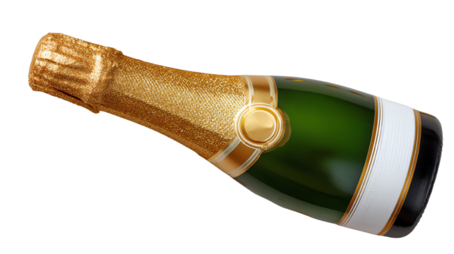 Champagne bottle with a golden foil cap, positioned at an angle, isolated on a white background.