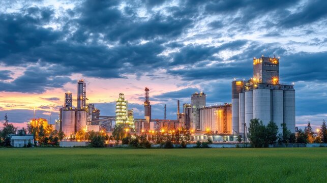 Landscape of a cement factory at sunset in front of the grain silo and building with illuminated industrial buildings on a green grass meadow.
