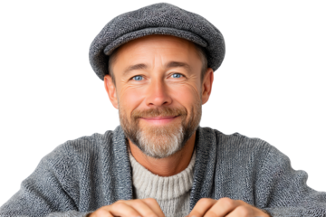 Cheerful man in a gray hat and sweater, smiling and looking directly at the camera with a warm expression.
