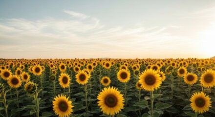 Fototapeta premium A summer sunflower field with beautiful golden sunflowers and morning mist,黄金のひまわりと朝霧が美しい夏のひまわり畑