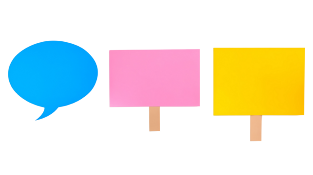 Colorful speech bubbles and placards on a white background, ideal for communication concepts and social media graphics.