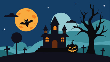 Spooky pumpkin night and flying bats as Halloween vector illustration.