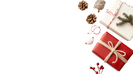 Festive holiday gifts with pinecones, ribbons, and ornaments on a white isolated background.