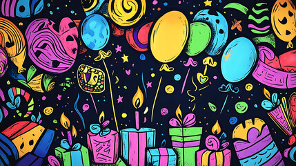 Obraz premium Whimsical and festive birthday-themed illustrations featuring cakes, cupcakes, gift boxes, balloons, party decorations, confetti, and celebratory elements in a playful doodle style.