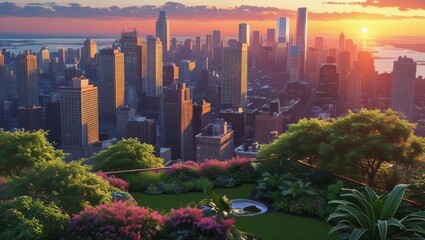 Fototapeta premium Lush rooftop garden overlooking a vibrant city skyline at sunrise.