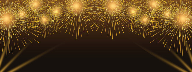 Golden fireworks on dark background for festival holiday celebration, banner illustration