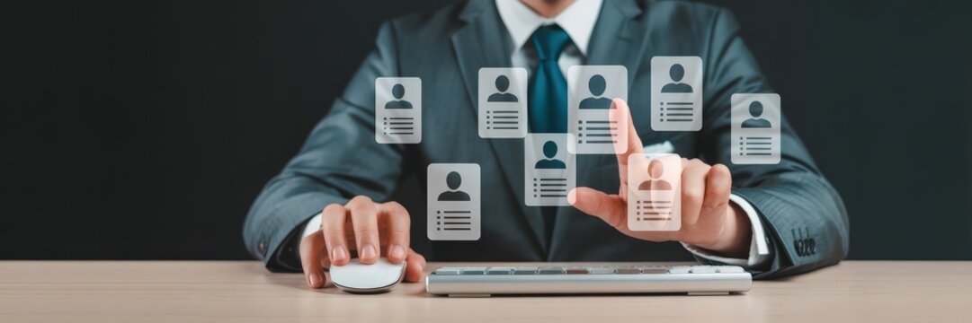 Businessman interacting with digital personnel files on a computer. - Powered by Adobe