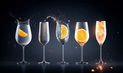 A dark backdrop serves as the setting for elegant champagne glasses filled with golden bubbly drink, which are beautifully arranged with fresh citrus fruits and splashing water to create a festive