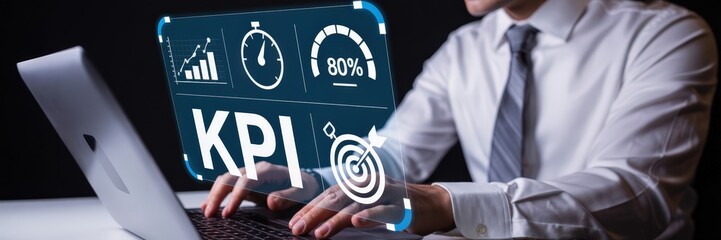 Businessperson using a laptop and interacting with key performance indicators.