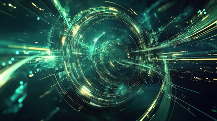 A hypermodern interface with fragmented light waves creating rotating luminous orbits